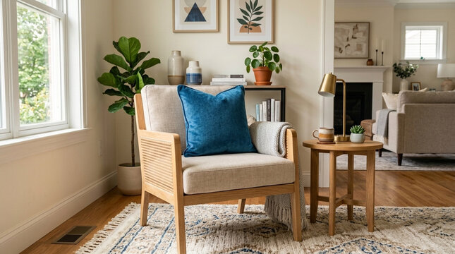 Cozy Living Room Corner with Armchair Side Table and Indoor Plants