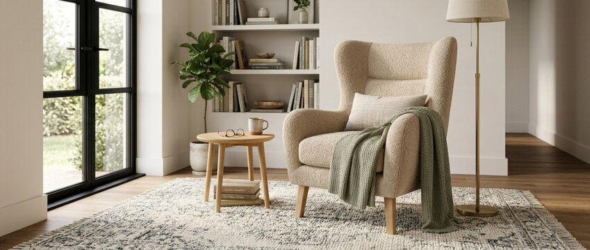 Cozy living room corner with armchair side table plant bookshelf and large window overlooking garden