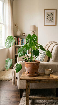 Cozy living room corner with potted Monstera plant warm light and soft furnishings