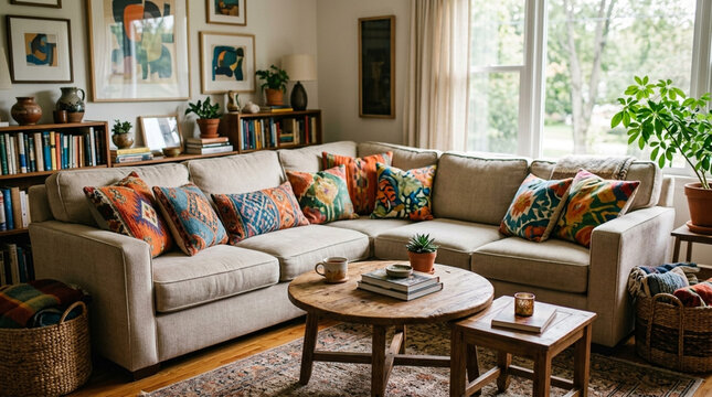 Cozy living room corner with sectional sofa colorful throw pillows books and natural light from window