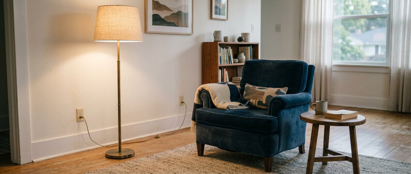Cozy Living Room Corner with Teal Armchair Floor Lamp and Book