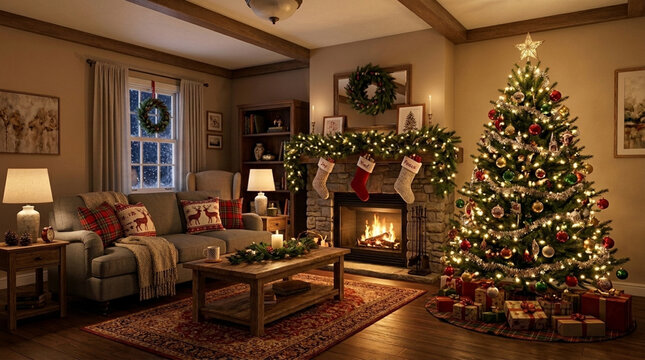 Cozy Living Room Decorated for Christmas Festive Fireplace Decorated Tree with Presents Warm Holiday Atmosphere