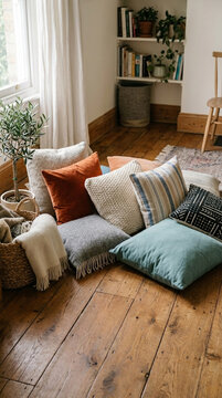 Cozy Living Room Floor Scene with Assorted Cushions and Throws Natural Light
