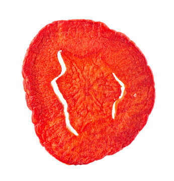 Crispy roasted carrot chips with sea salt, isolated on white background. Healthy and crunchy natural vegetable snack. Clipping path.