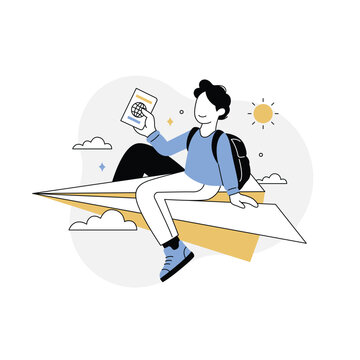 Traveler on Paper Airplane Flat Vector Illustration