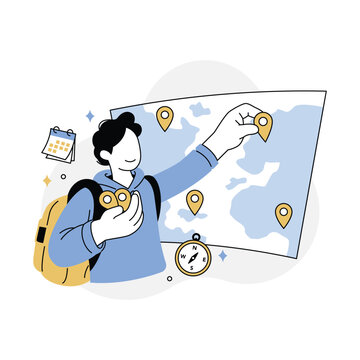 Man Planning Trip with Map and Location pins Vector Illustration