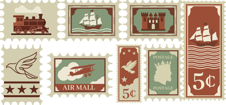 Vintage Postage Stamp Collection with Train Ship Plane and Castle Icons Vector Set