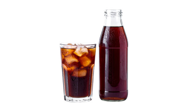 A clear glass bottle of dark cold brew coffee beside a glass filled with ice and coffee, isolated on transparent background.
