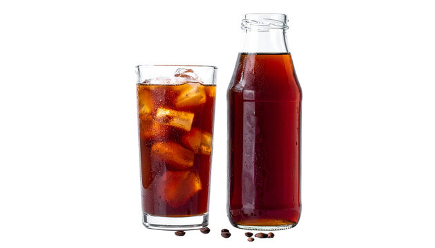 A clear glass bottle of dark cold brew coffee beside a glass filled with ice and coffee, isolated on transparent background