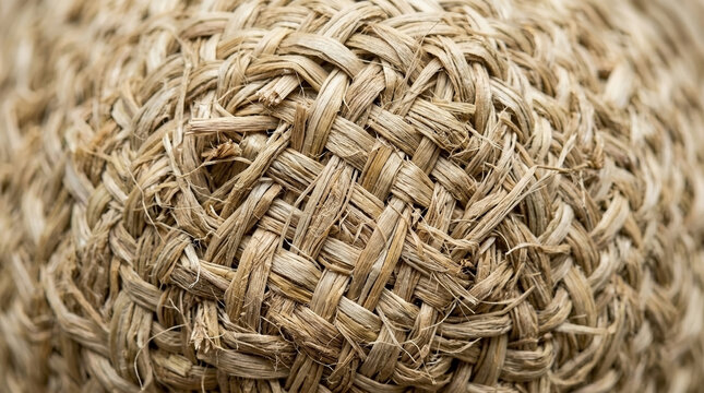 Macro texture of woven natural raffia fibers. Close up of light brown straw weave pattern. Rustic organic basketry material background