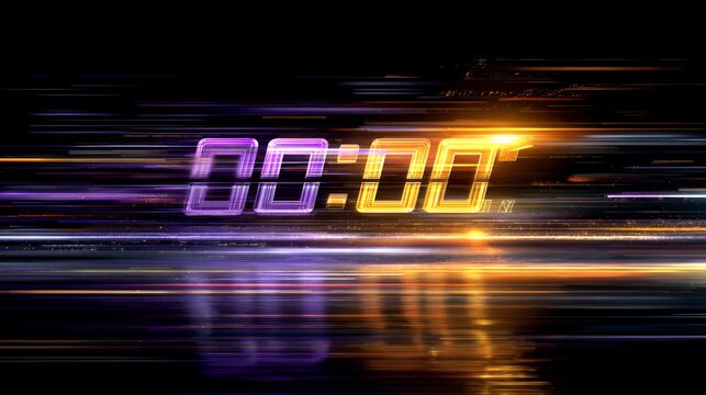 Purple and Gold Neon Glitch Countdown Timer 00:00 with Dynamic Speed Light Lines on Dark Cybernetic Motion Background