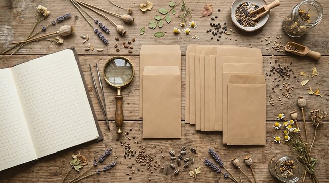 Flat lay of an old open botanical journal with a pencil, magnifying glass, tweezers, craft envelopes, seed packets, and dried flowers