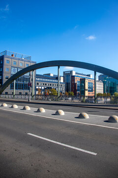 Berlin, Germany; 1st October 2026: Lessingbr&uuml;cke arch bridge spans an urban street in Berlin&rsquo;s Moabit district on a clear day