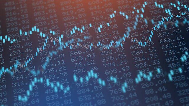 Stock market candlestick chart with multi-row trading table displaying price trend and index on screen, financial analysis investment strategy, economic exchange profit wealth