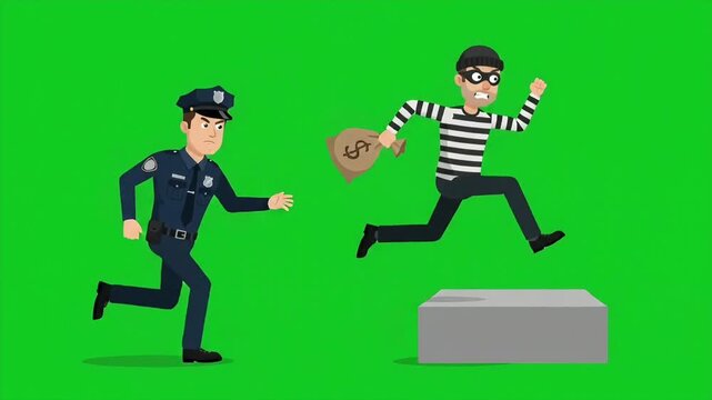 Vector Animation of Police Officer Chasing a Criminal on Green Screen Background