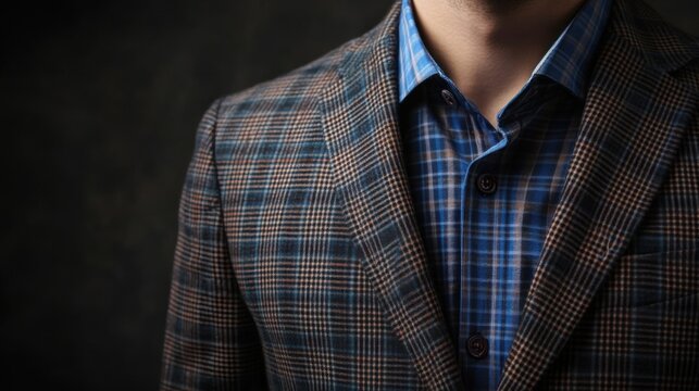 Close-up of Man in Stylish Plaid Blazer and Blue Checkered Shirt