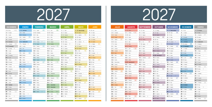 Calendario 2027 Espa&ntilde;ol gran formato editable, Espa&ntilde;a planificador anual horizontal vectorial con Festivos y Santoral