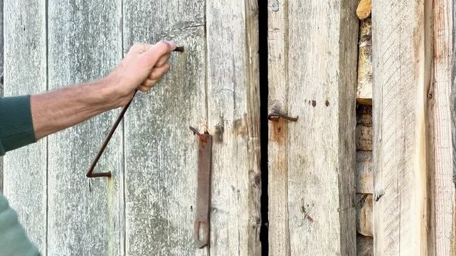Close-up of a man removing a vintage padlock to open a rustic wooden shed door, suitable for rural living, property security, heating fuel ads, and farm lifestyle promos.