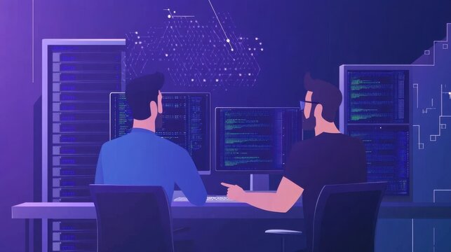 Software Developers Working in Server Room Concept Illustration