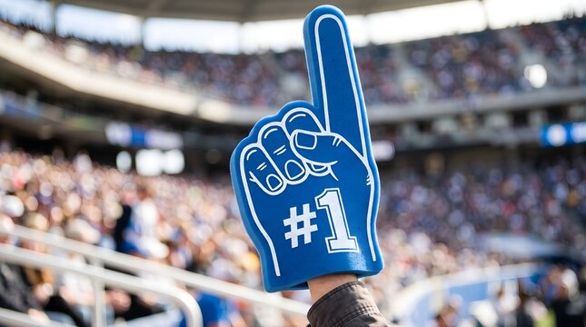 Sports fan cheering with blue foam finger number one at outdoor stadium game
