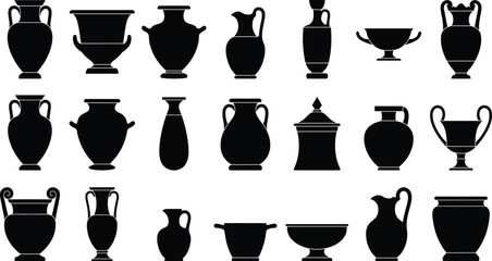 A collection of various ancient greek pottery silhouettes including amphorae kraters and hydria vessels isolated on a clean white background © SOHIDUL