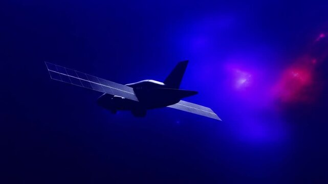 静寂が支配する深宇宙の闇の中で背景の美しい星雲から差し込む微かな光を受け印象的なシルエットを描き出す人工衛星のドラマチックな場面