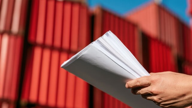 A shipping document held by hands represents global commerce, freight records, customs procedures, supply chain operations, and organized transportation services.
