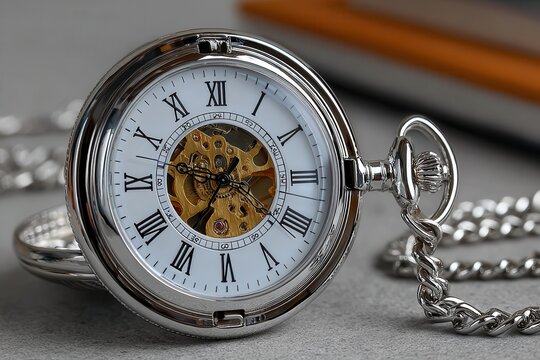 Close-up of a silver pocket watch with visible gears, capturing the essence of time and the beauty of a skeleton watch