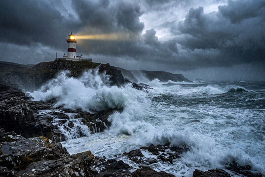 Stormy dramatic sea and a lighthouse on the seashore