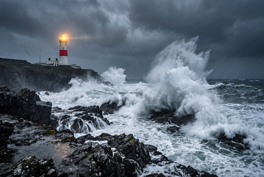 Stormy dramatic sea and a lighthouse on the seashore