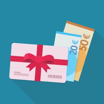 Vector illustration of holiday gift card with red ribbon bow and euro banknotes for shopping bonus, discount voucher, or cash reward