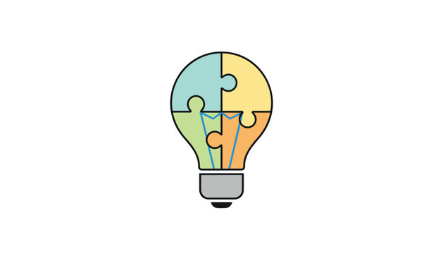 Creative thinking icon featuring a light bulb formed by four interlocking jigsaw puzzle pieces in pastel green, yellow, and orange.