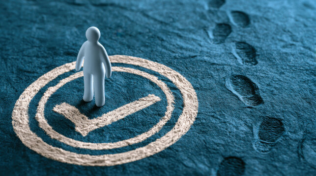 Standing near a reward icon and repeated footprints, a white stick figure symbolizes learned behavior, repeated actions, positive reinforcement, and gradual habit development.
