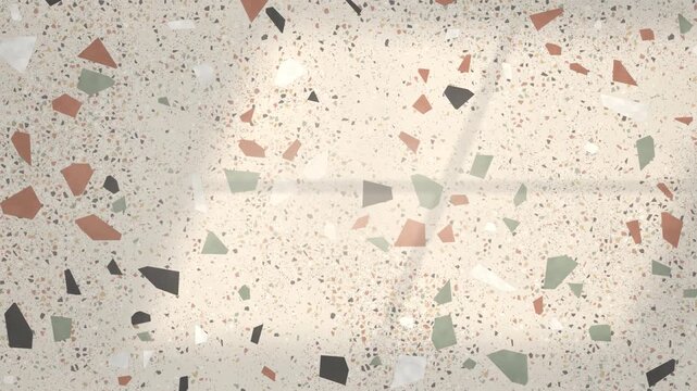 Terrazzo stone texture background for interior design, cream with terracotta and sage chips, seamless loop for cosmetics, cafe, product display, social media ad, copy space, 4K
