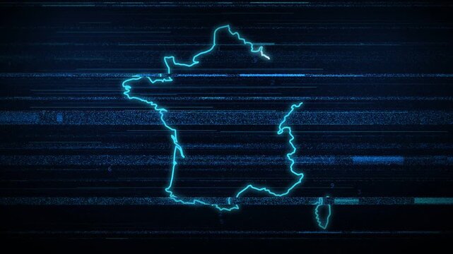 France map animation in blue, a cyan border traces on over a glitch field and horizontal stripes fill the shape, Europe geography, dark tech style.
