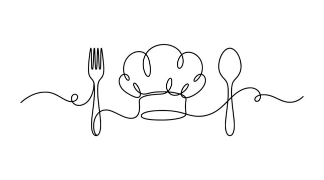 Minimalist one-line chef hat with fork and spoon, continuous black stroke vector illustration. Decorative culinary line art for restaurant menus and food branding design.