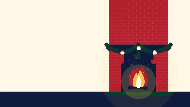 Flat 2D vector animation of a warm brick fireplace with a glowing fire, hanging stockings, and a pine garland. Features seamless looping flames and soft flickering light on a minimal cream background.