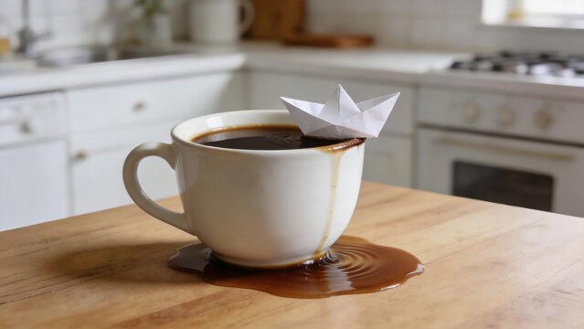 Paper boat floating in spilled coffee cup on wooden kitchen table