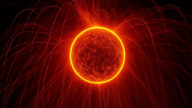 球体コアから激しいプラズマ光と黄金色の微粒子が立ち上り繊細な糸状の構造が交差する緻密な微視構造