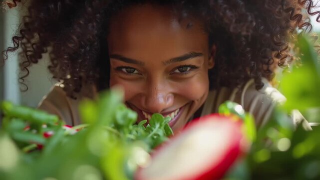 Lachende Frau mit frischem Gartensalat