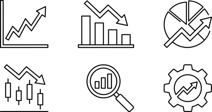 Business Growth and Financial Analytics Vector Icon Set with Line Art Graphs Bar Charts Pie Diagrams and Market Trend Symbols for Corporate Presentation Designs