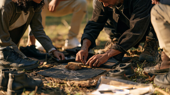A shoe shiner assembling a portable kit step by step in a forest clearing, a worn brush passed down from a previous generation resting at the center, multicultural group framing