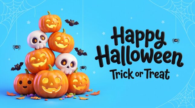 Bright Halloween scene with readable text 'Happy Halloween Trick or Treat' featuring carved pumpkins, bats, and vibrant orange lighting on blue background.
