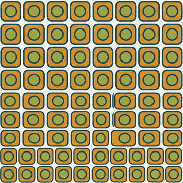 Retro Mid-Century Modern Seamless Pattern with Geometric Rounded Squares and Circles in Vibrant Orange, Olive Green, and Teal Blue for Textile Design, Wallpaper, and Digital Backgrounds