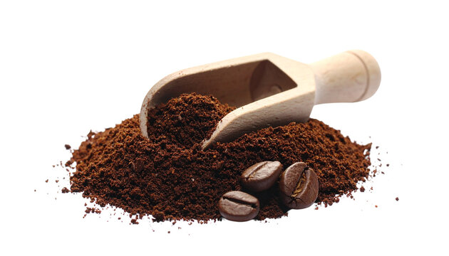 A neat mound of freshly ground coffee with a wooden measuring scoop resting in it, a few loose roasted beans nearby, isolated on transparent background