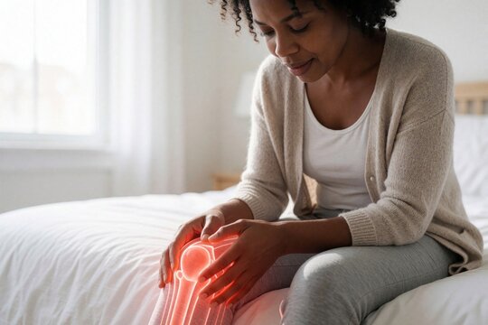 Young black woman sits on bed feeling intense knee pain. Holds inflamed joint with both hands. Red graphic highlight shows bone injury arthritis. Female patient experiences physical discomfort, joint