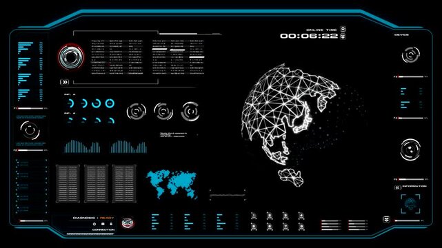 Futuristic hud interface with digital globe and data visualization elements on black background