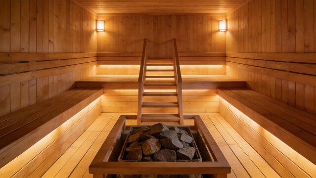Warm wooden sauna interior with stone heater and tiered benches