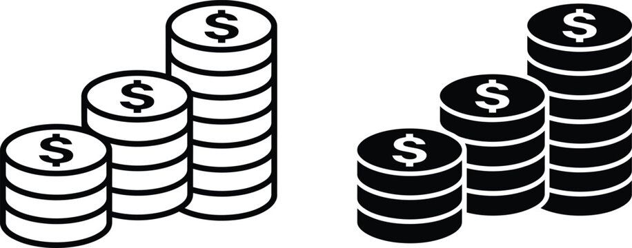 Stacked piles of dollar coins showing financial growth and savings with coin money pile graphic design