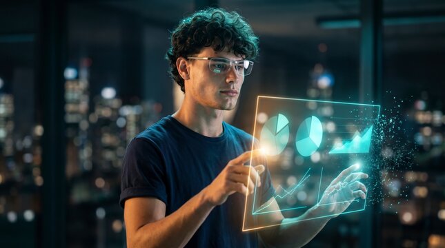 Resourceful investor tapping pie chart and growth graph hologram in casual office at night
